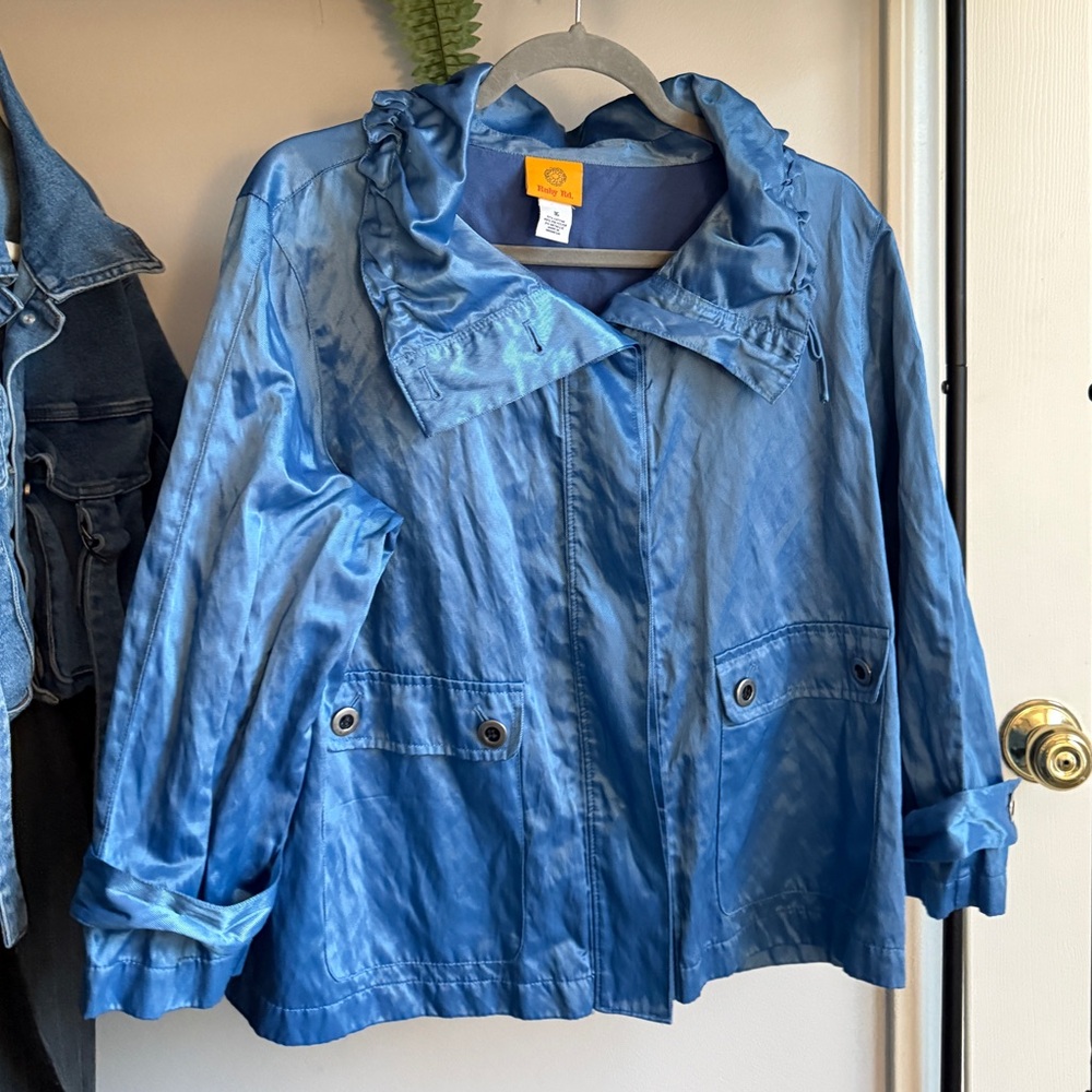 RUBY RD Metallic Blue Rain Jacket | Futuristic Streetwear Utility Coat Size 16